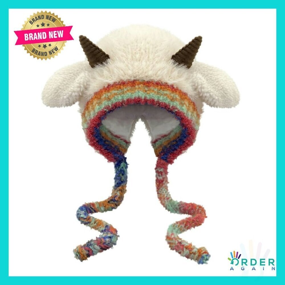 Plush Faux Fur Knitted Animal Hat Cozy Horns Sheep Ears Beanie Thick Lining